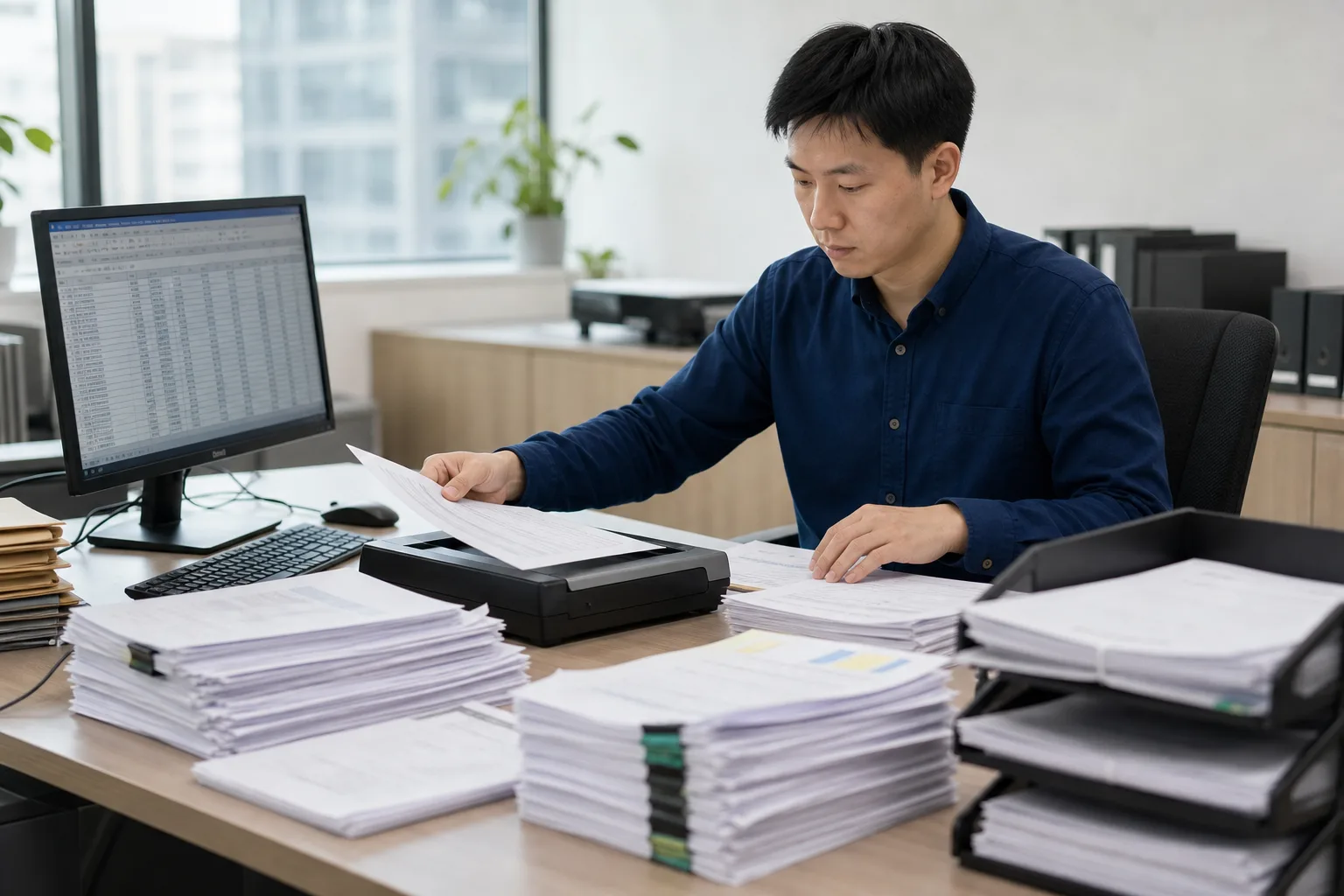 业务人员处理大量纸质文件并核对表格数据